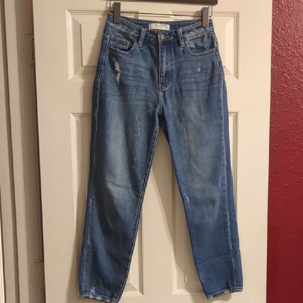 KanCan Signature Blue Women High Rise Distressed Barrel Jean Straight Leg  Denim